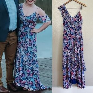 NWOT Radiant Blue Floral Print Chiffon Maxi Dress